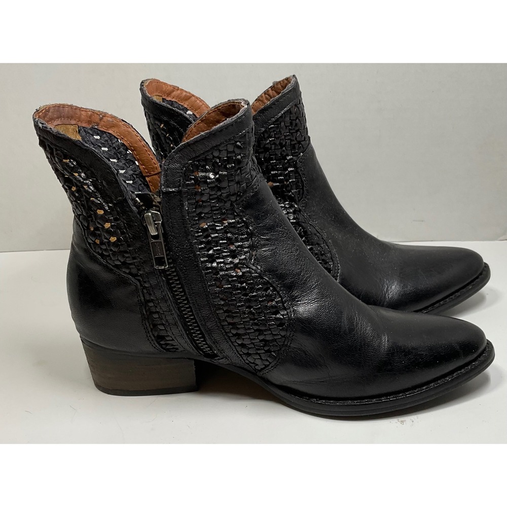 Seychelles Black Leather Woven Ankle Boots Pointed Toe Side Zip Womens 6.5